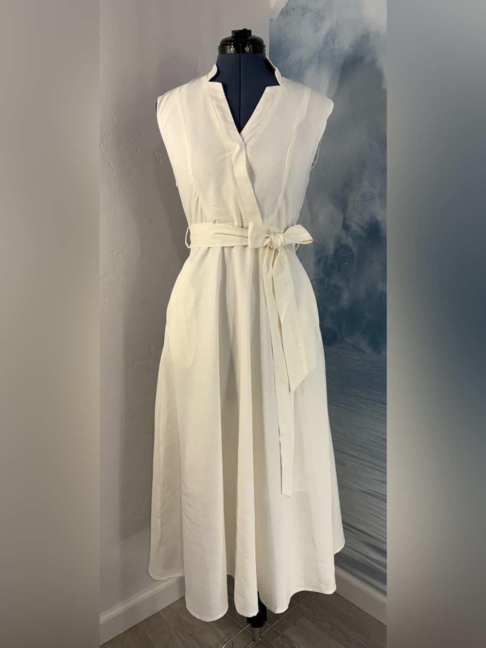 Sleeveless Tie-Waist Cream Maxi Dress #365